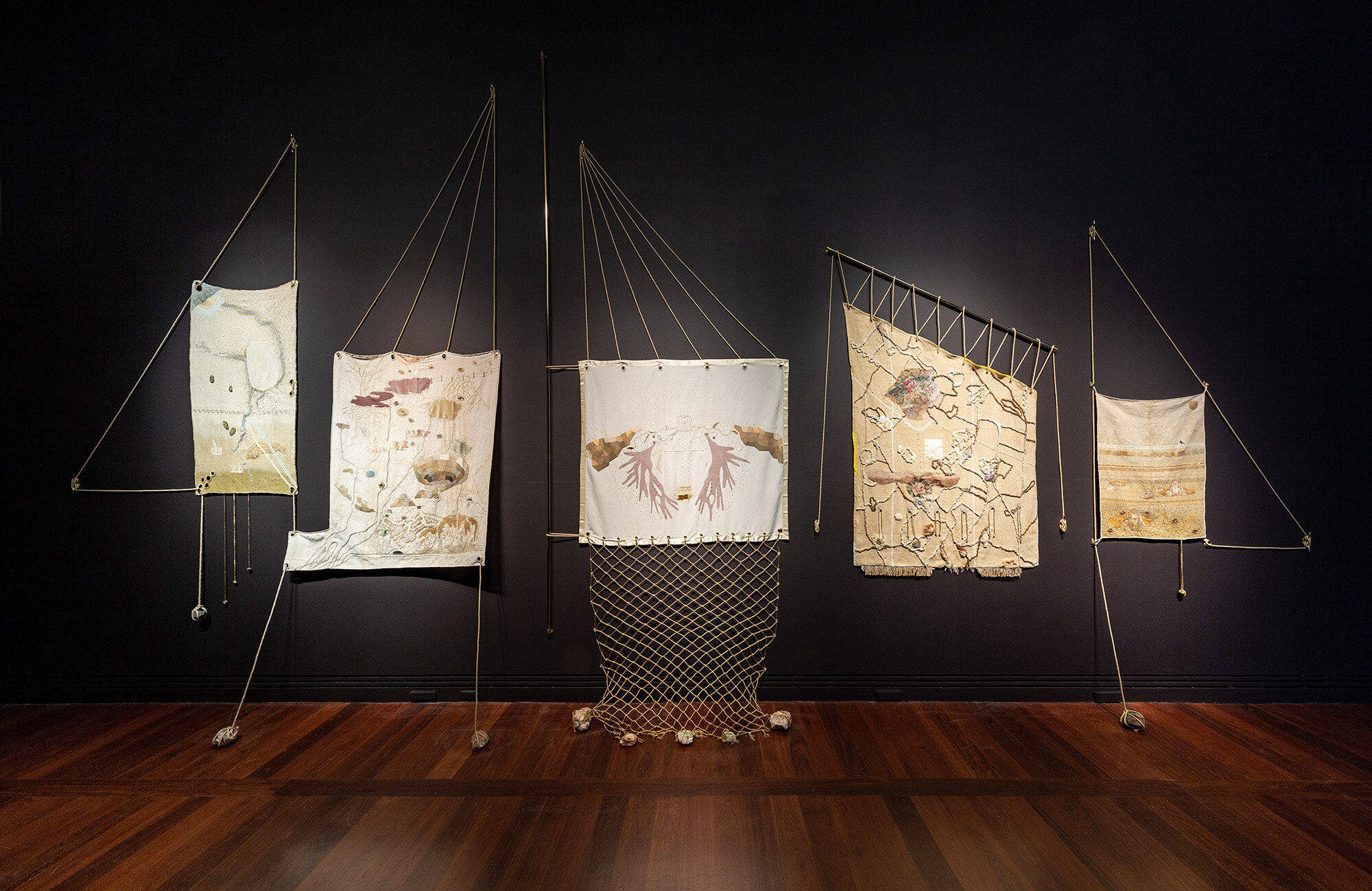 Storied Sail Cloths installation view, 2022 Adelaide Biennial of Australian Art. Art Gallery of South Australia